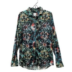 Zara Slim Button Down Shirt Mens L Black Multicolor Abstract Long Sleeve Resort‎